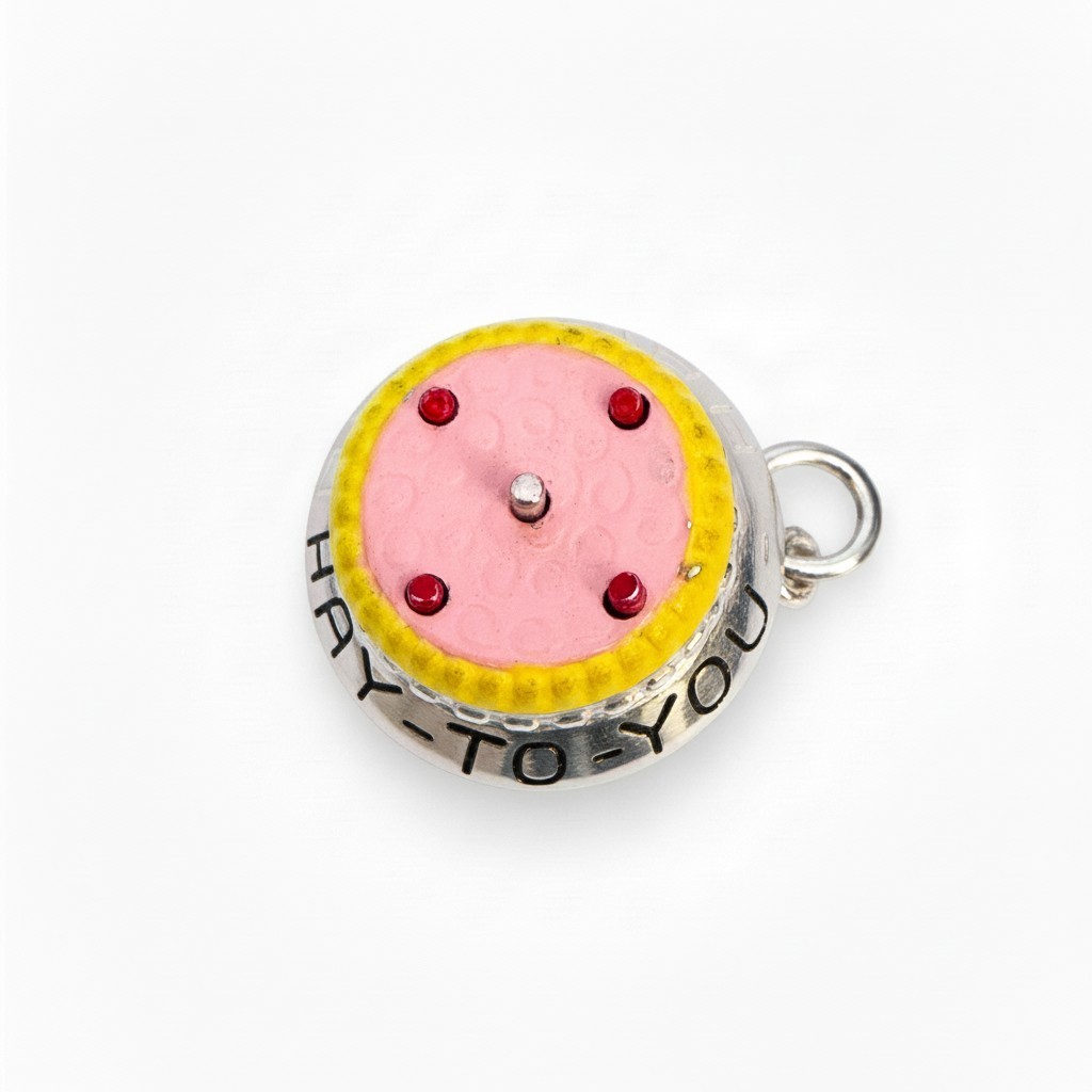 Vintage silver HAPPY BIRTHDAY CAKE ENAMEL MOVEABLE POP UP CANDLES charm #M