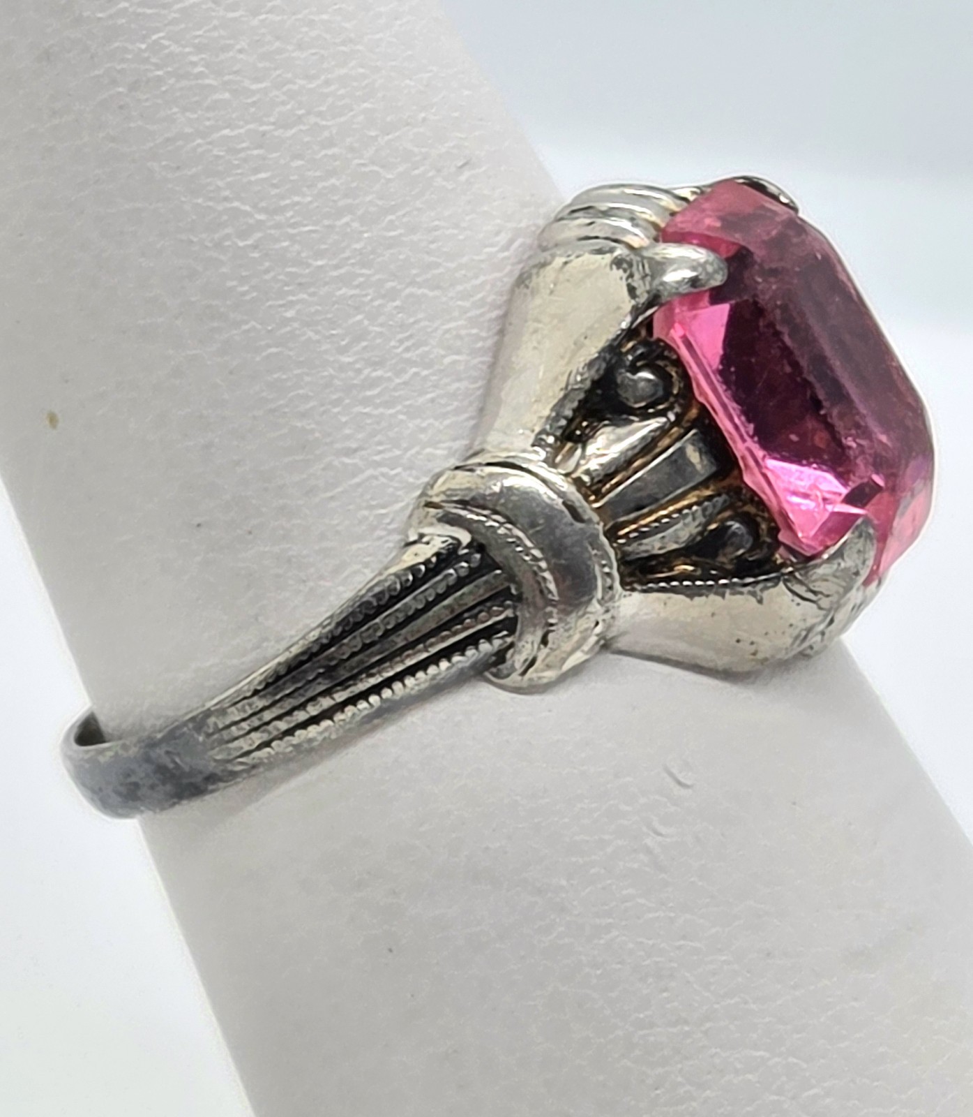 Vintage Ostby & Barton OB Art Deco Ring 925 Sterling Silver Pink Glass Size 6.75