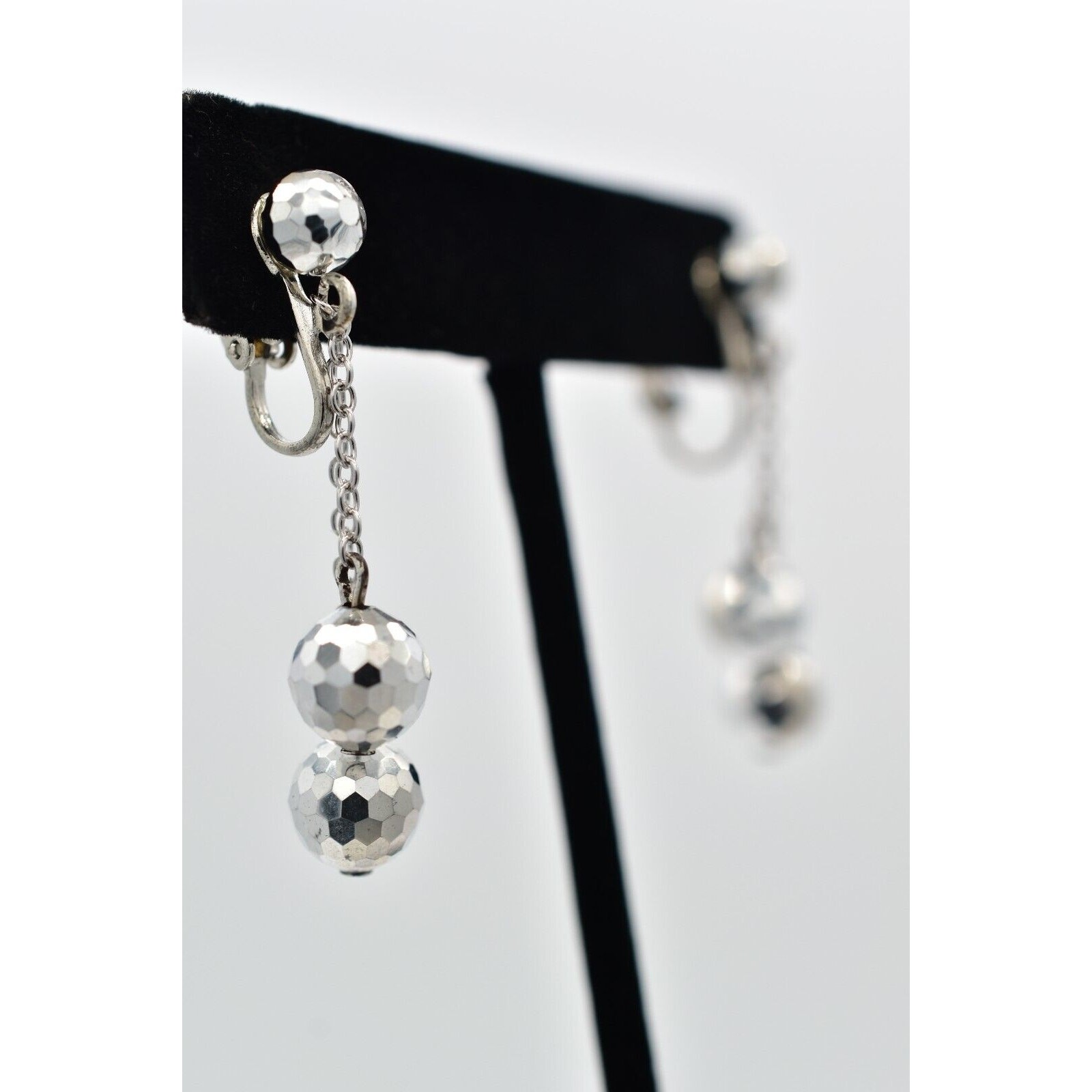 Vintage Crystal Clip On Earrings Silver Chain Disco Ball Chain Drop 1950s A23