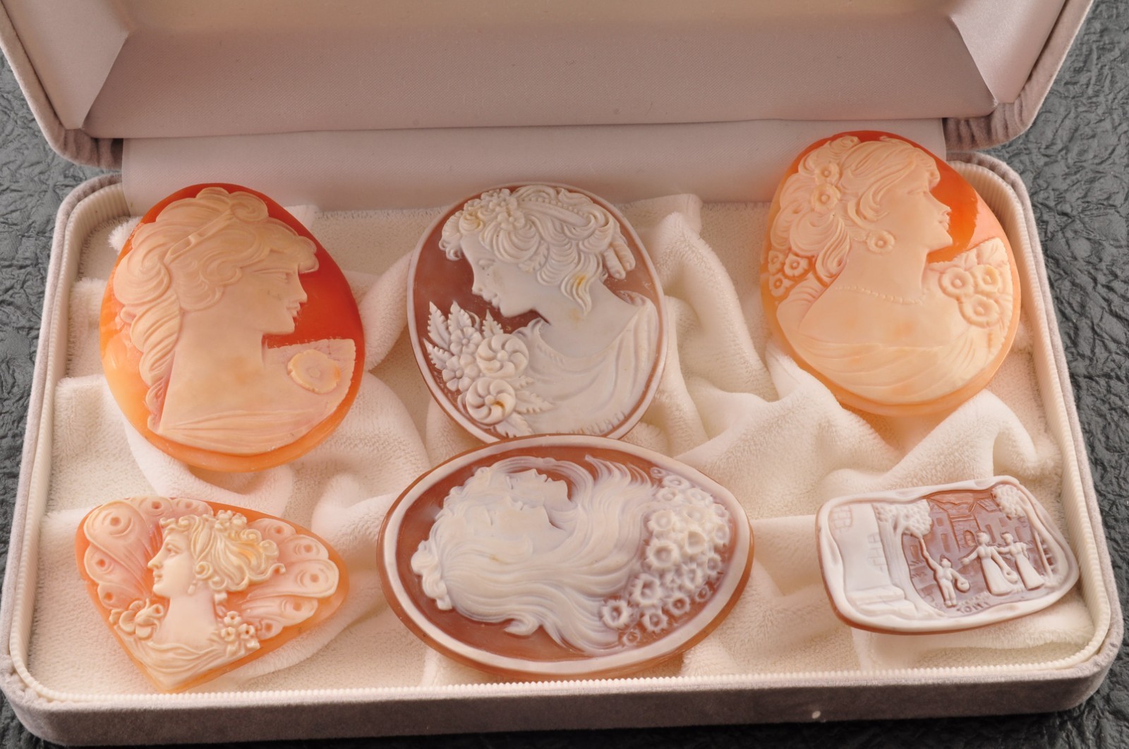 6 items , vintage shell cameo White and brown color (Total 291.0ct) with case.