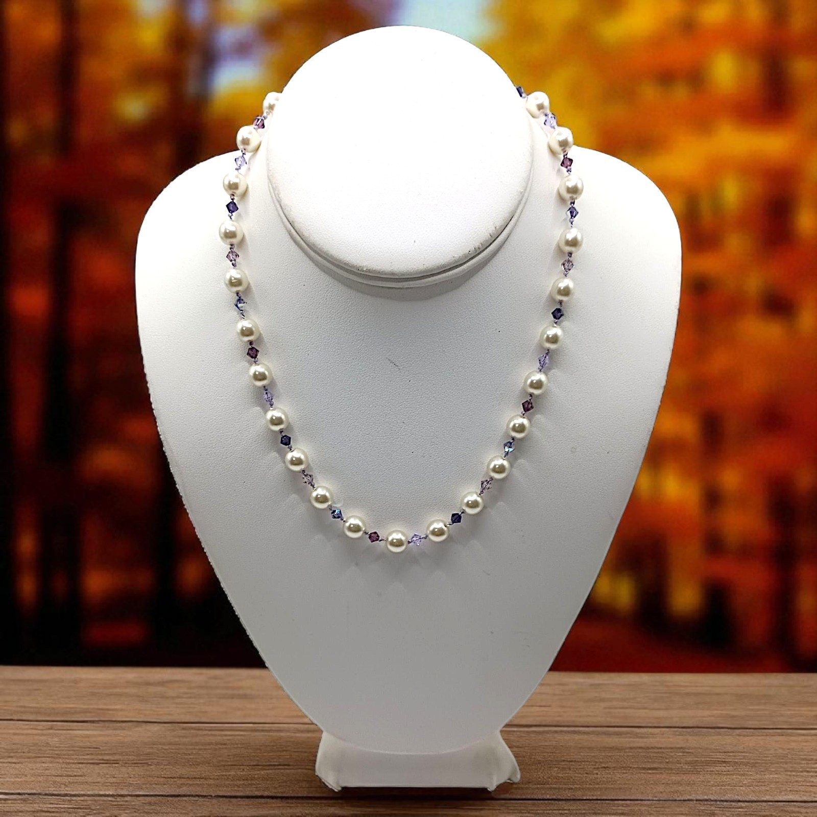 Vintage Purple Crystal Faux Pearl Necklace Beaded Hand Knotted Sterling Silver