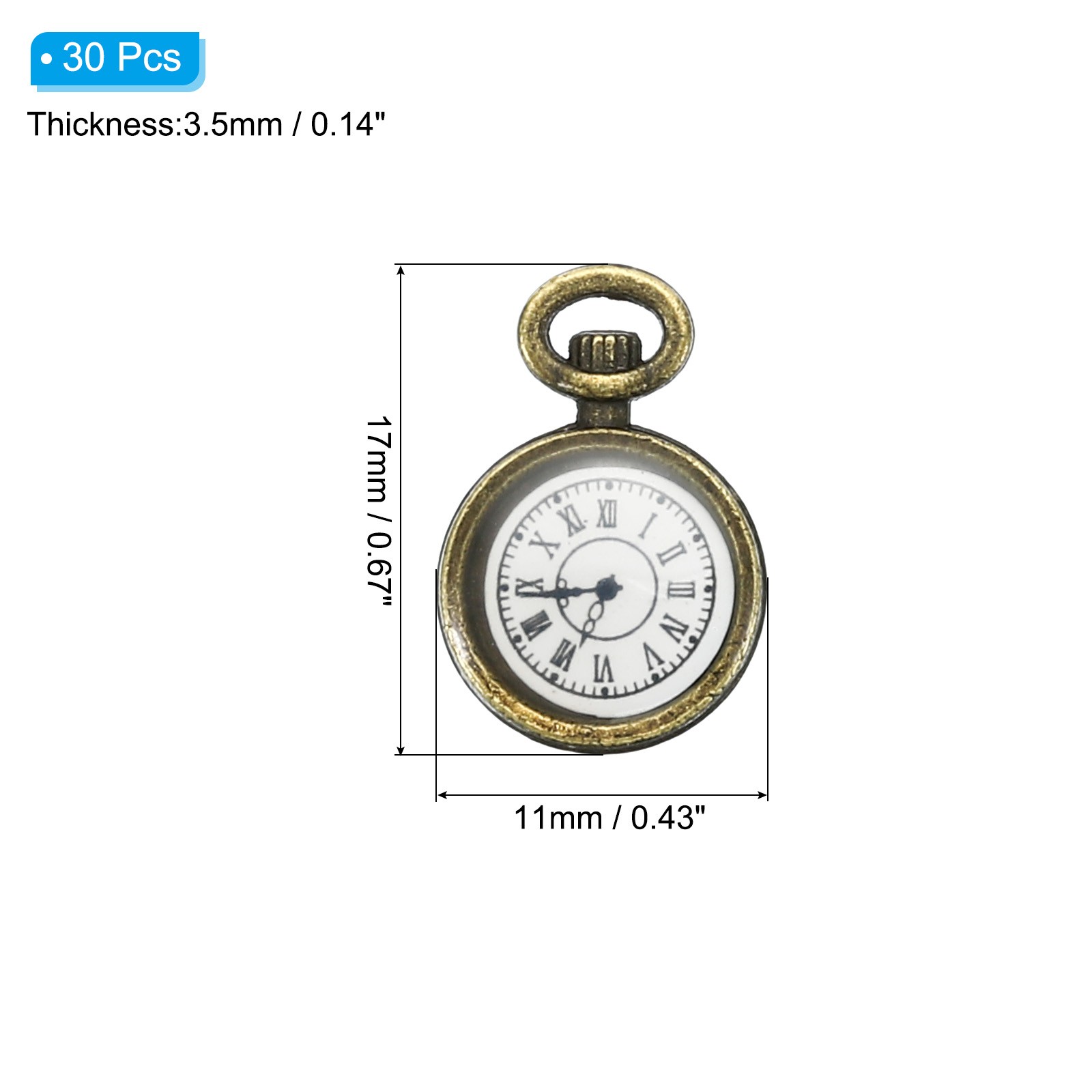 30Pcs 0.67×0.43″ Zinc Alloy Watch Clock Charm Pendant, Bronze Tone