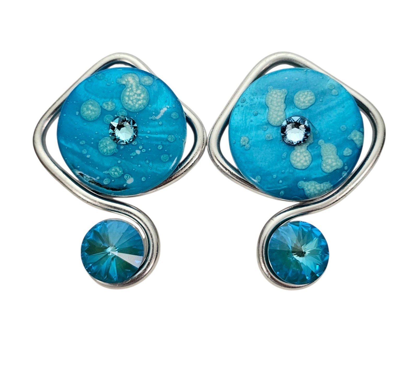 Jeff Lieb Blue Flat Bead Modern Clip On Earrings Rivoli Rhinestone, Signed
