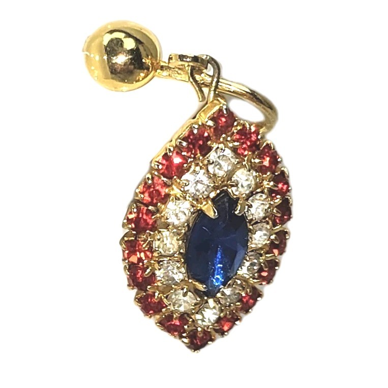 Vintage Patriotic Red White Blue Rhinestone Clip On Earrings | 1.5″ | Gold Tone