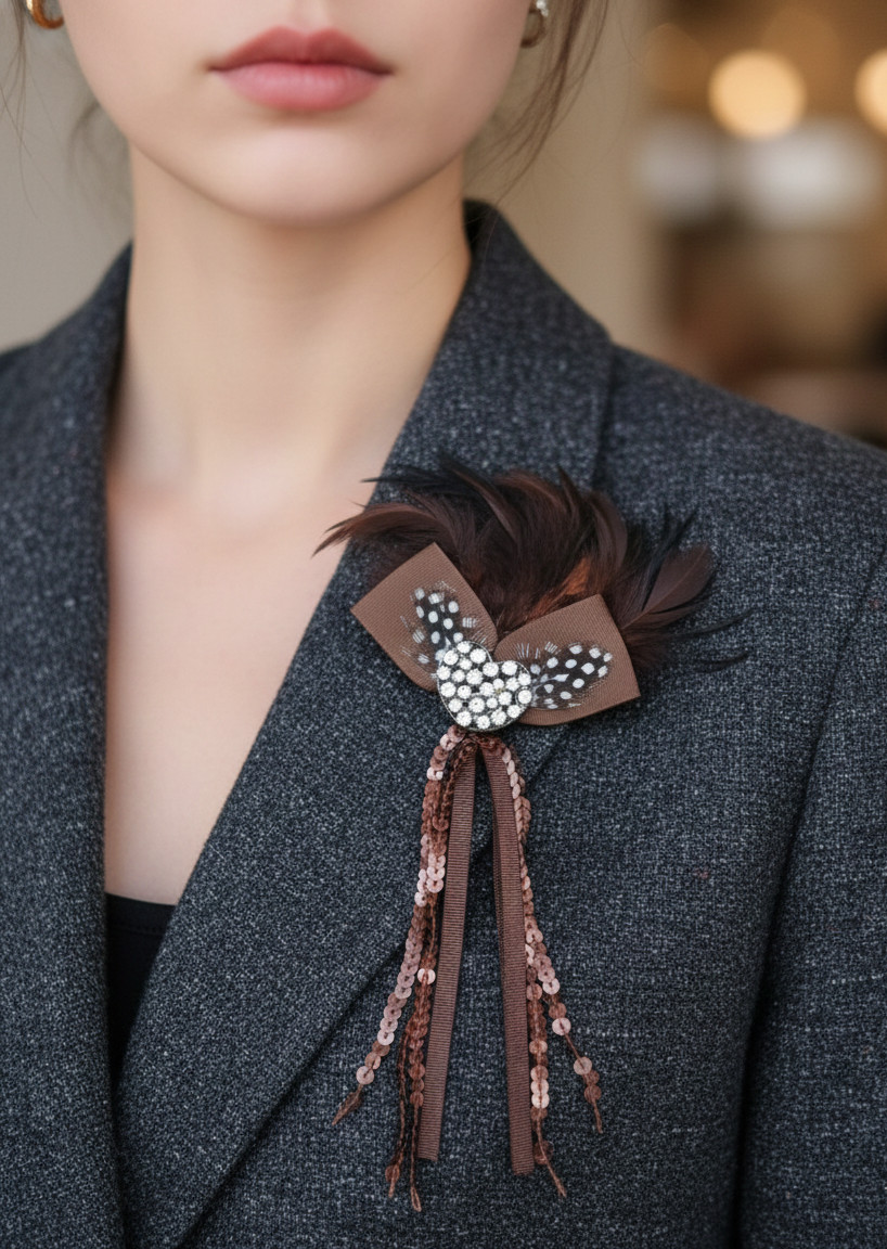 Vintage Feather Rhinestone Brooch Pin Brown Ribbon Lapel Pin Women Gift