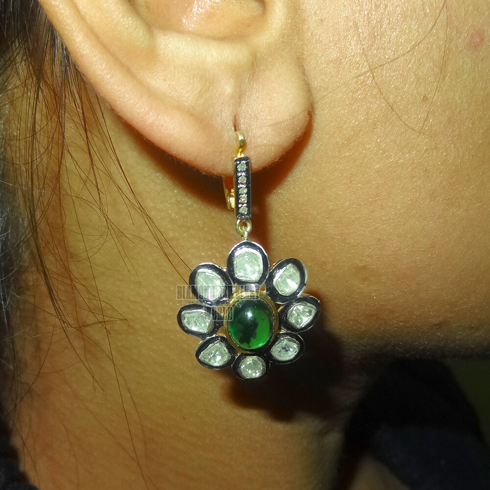 1.91ctw Rose Antique Cut Diamond Emerald Silver Vintage Gorgeous Earring Jewelry