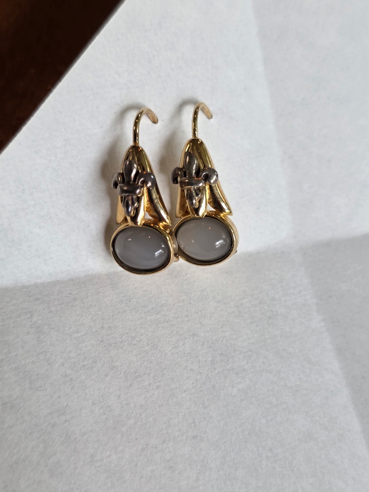 Vintage Earrings 925 Goldtone Sterling Gray Oval Moonstone drops