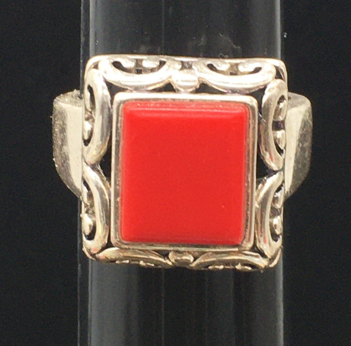 Red Stone Ring Sz 6.5 Silver Tone Scroll Accents Wide Band