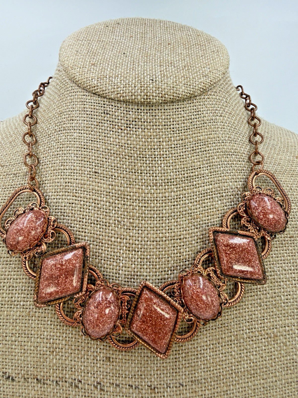 Vintage Necklace Copper Collar Sandstone Goldstone Sparkle Statement 16 inches
