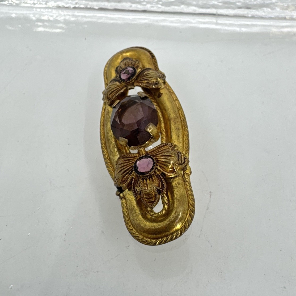 Antique Gold Plated Brass Victorian Brooch Amethyst Glass Stones Leaf Appliqués