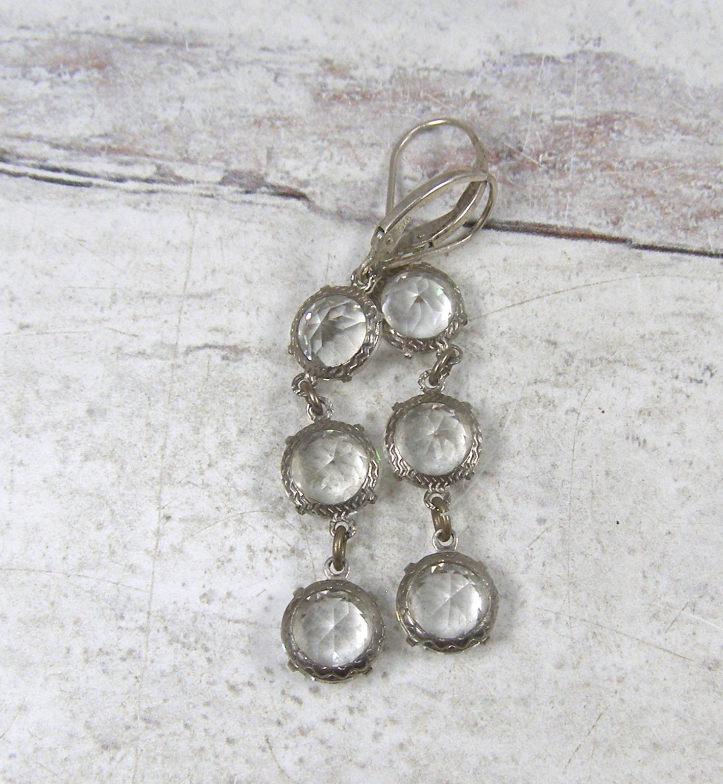 Vintage Sterling Silver Open Back Bezel Clear Crystal Dangle Linear Earrings
