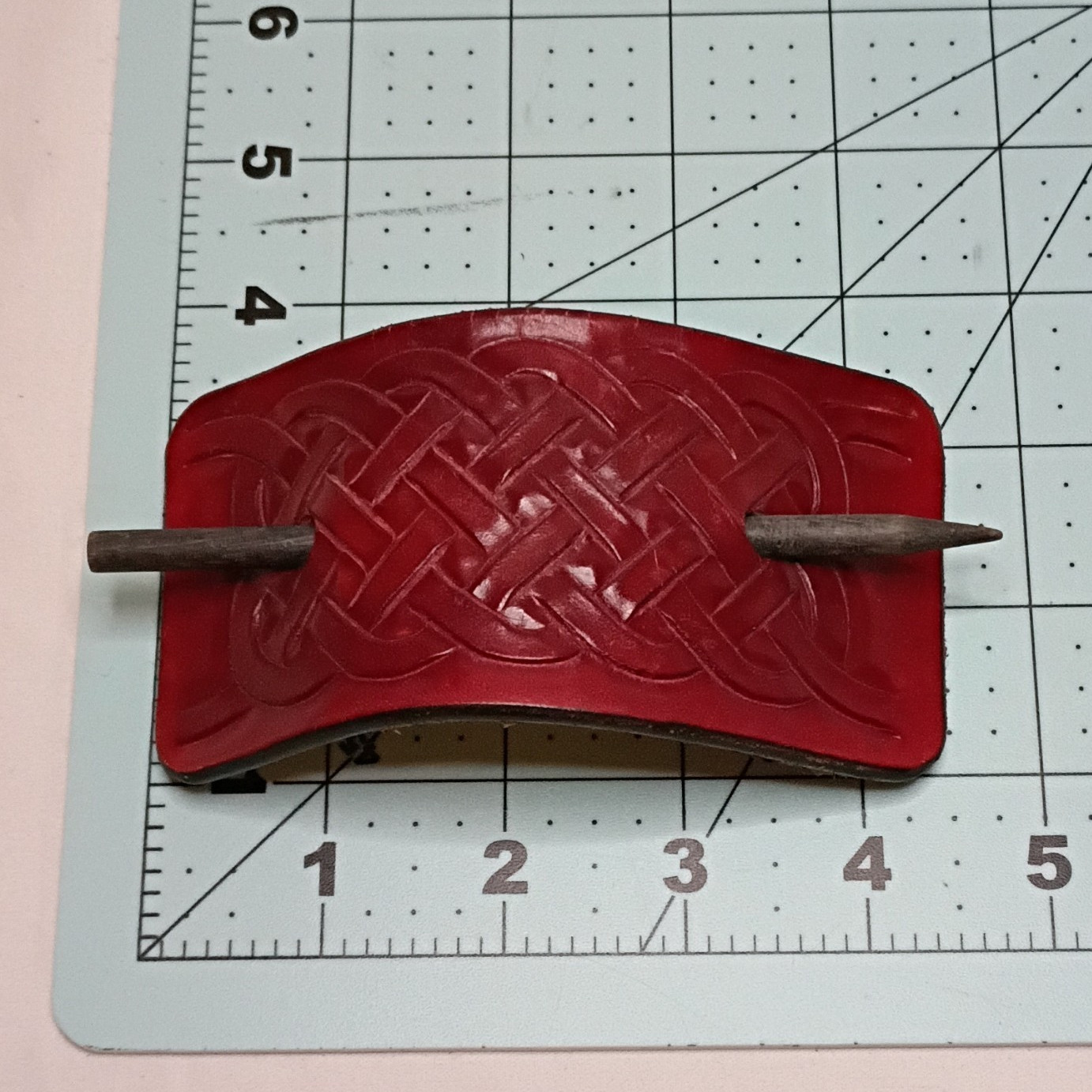 Red Leather Celtic Knot Scarf Clip w/ Metal Stick Bar Pin, Rectangle