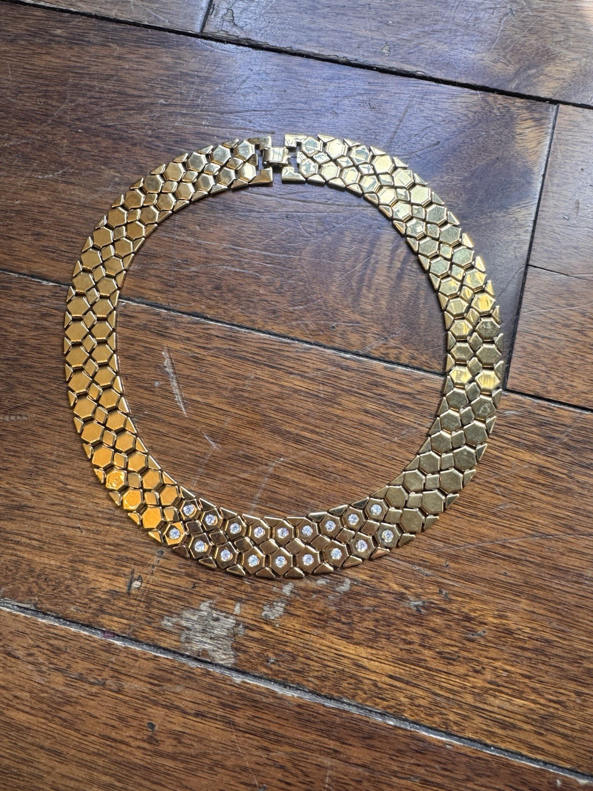 Vintage Monet Gold Tone Honeycomb RHINESTONE Statement 18″ CHOKER Necklace FLAT