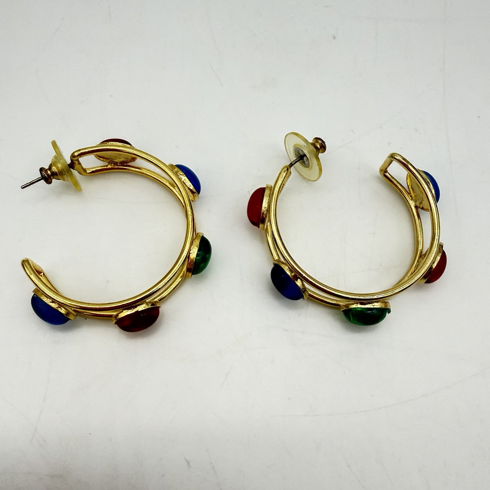 Vtg Mogul Hoop Earrings Gripoix Style Cabochon Red Blue Green Glass Large