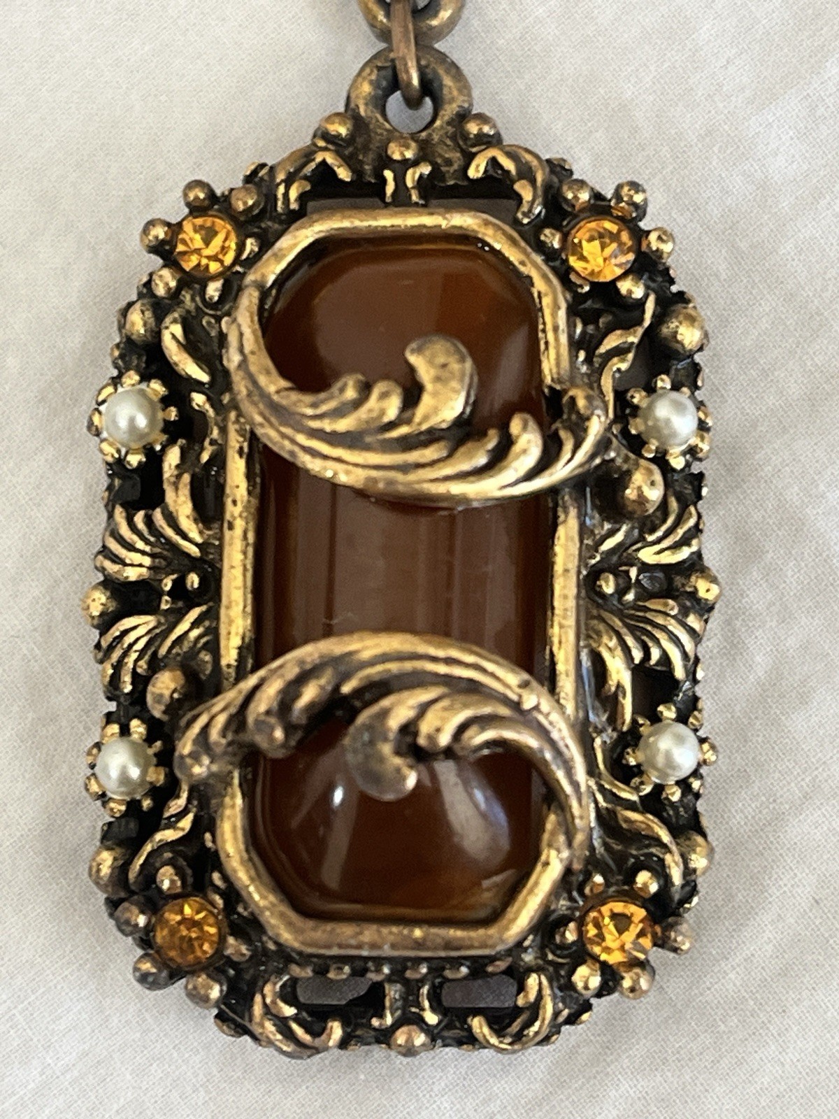 Vintage Amber Necklace with Filigree Detail Victorian Art Nouveau Czech Style