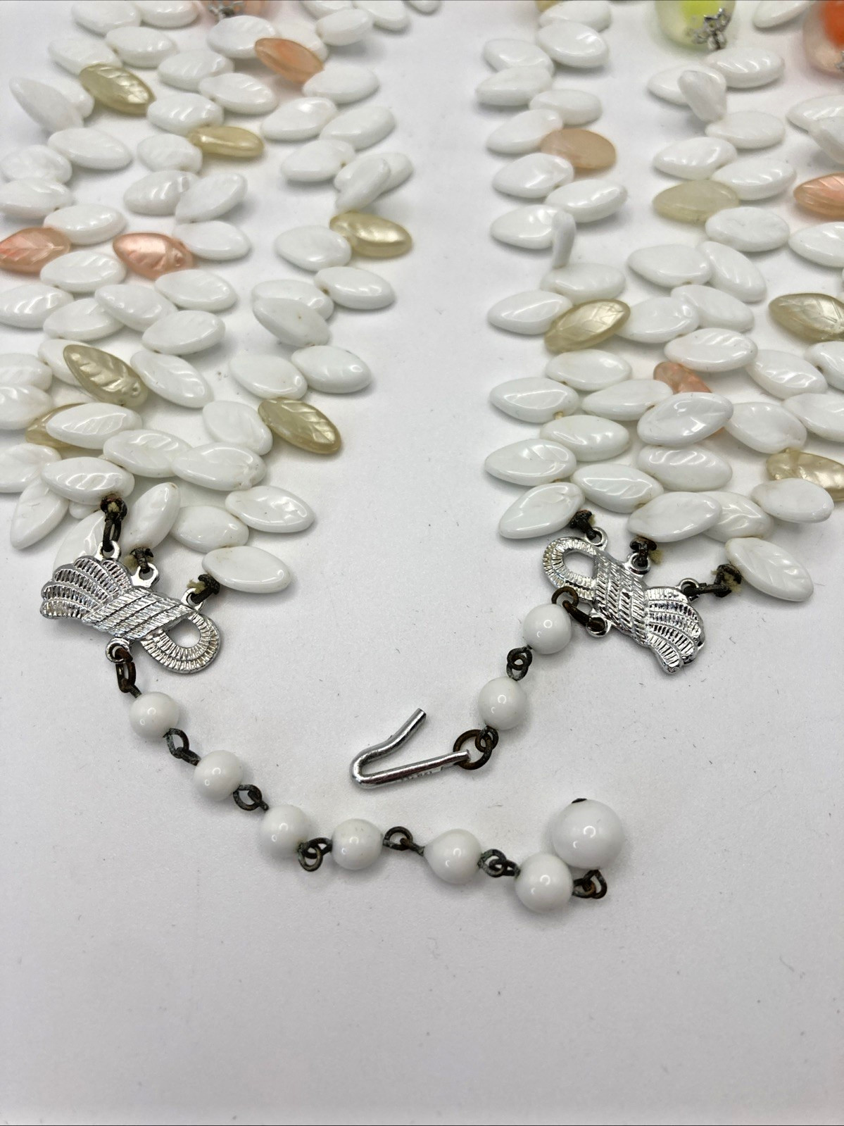 Triple Strand Plastic Orange Green White Leaves Translucent Resin Beads Necklace