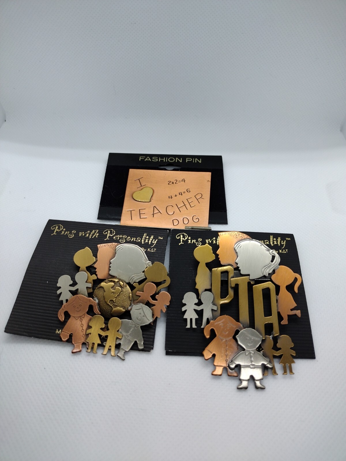 Vintage Brooches I Love Teacher, PTA Kids, Kids Around World Jewelry 3 Toned