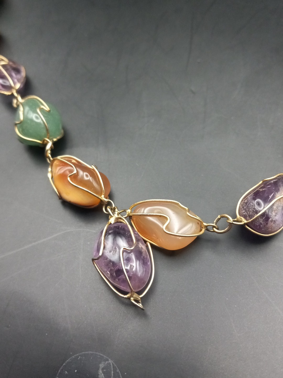 Vintage Amethyst, Jade Agate, Carnelian Goldgilt Wire Long Necklace