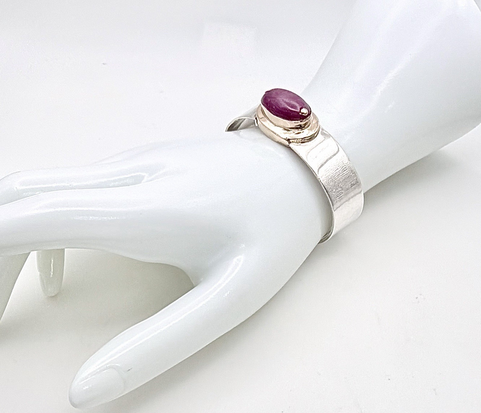 Vintage 14K Solid Yellow Gold & Sterling Silver MCM Cuff Bracelet Pink Cabochon