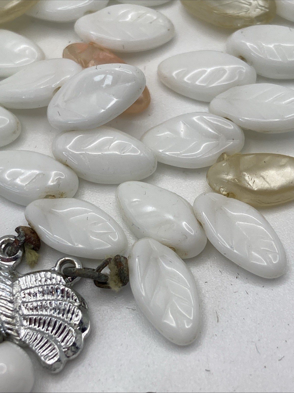 Triple Strand Plastic Orange Green White Leaves Translucent Resin Beads Necklace