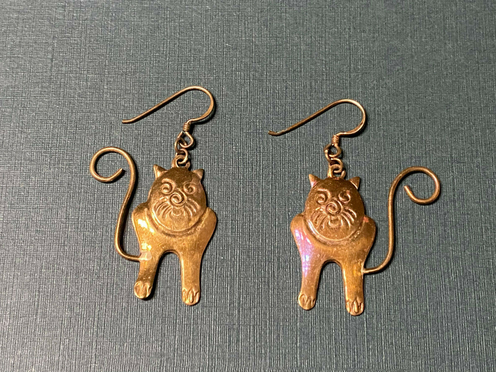 Vintage Brass Cat Dangle Earrings with Cute wire tails – FREE SHIP- USA SELLER