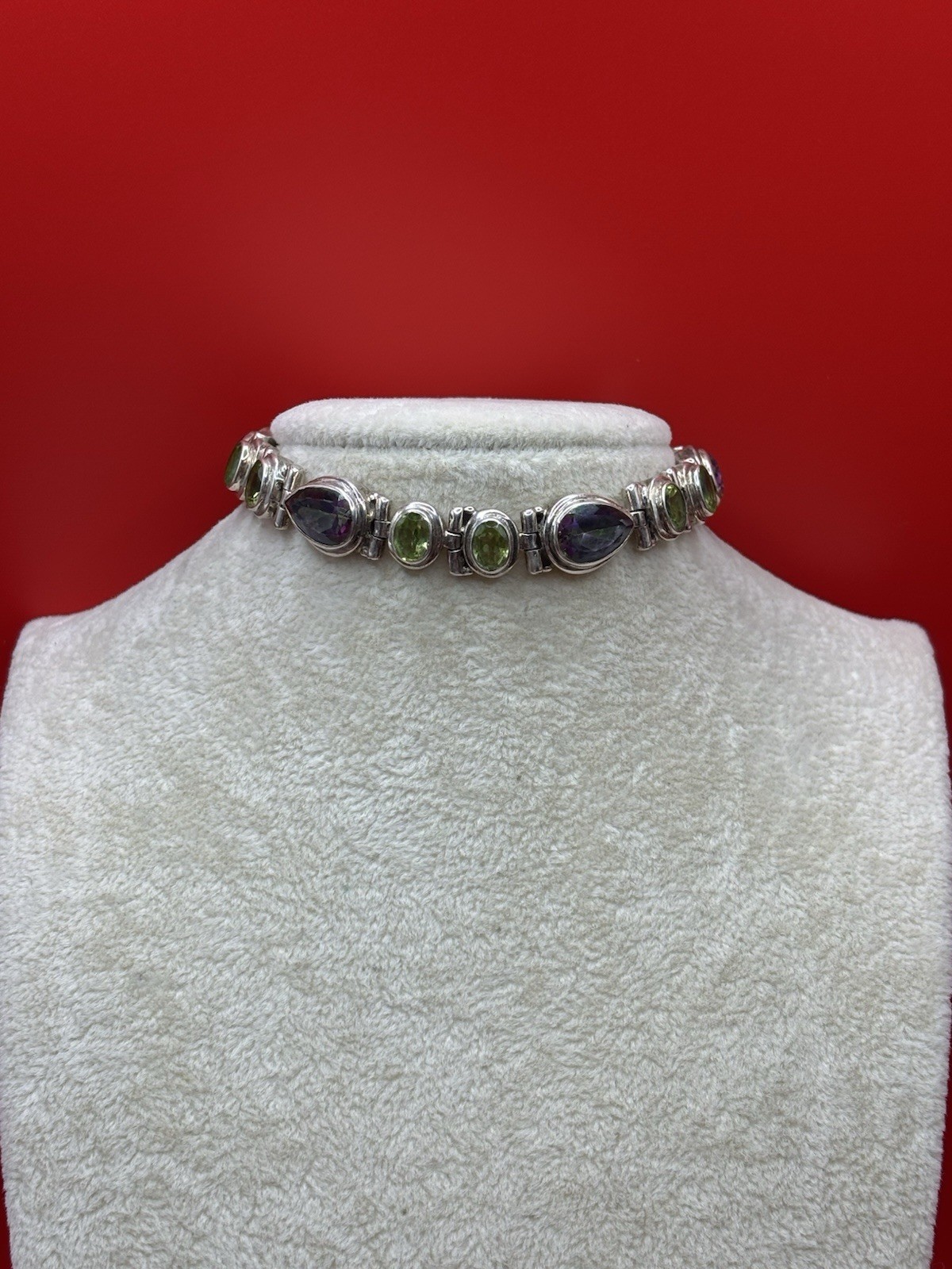 Vintage Sterling Silver Mystic Topaz Peridot Bezel Link Bracelet Adjustable 7-8″