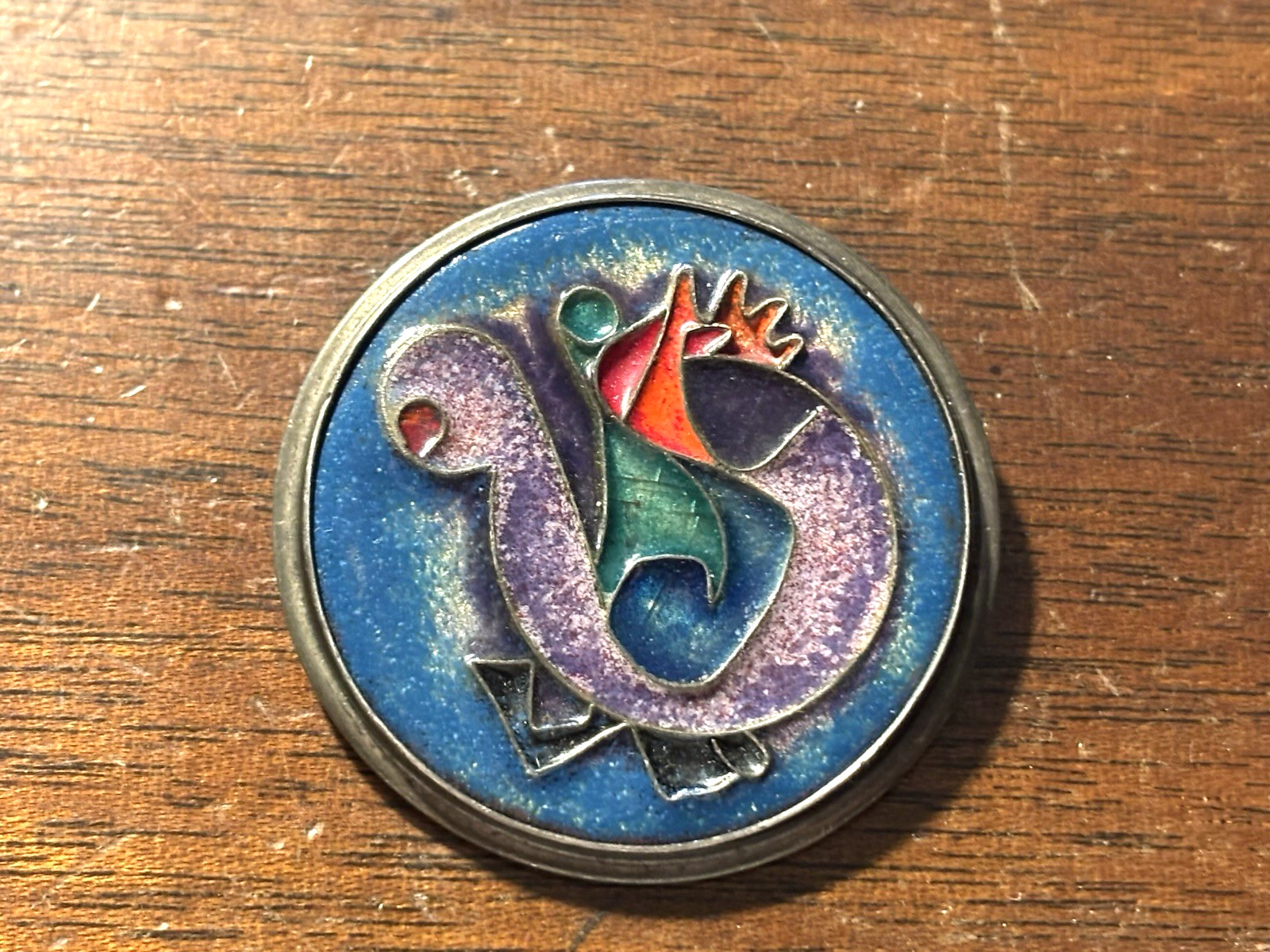 VINTAGE STERLING SILVER ABSTRACT ENAMEL Cloisonne Bird MODERNIST BROOCH 1 5/8″