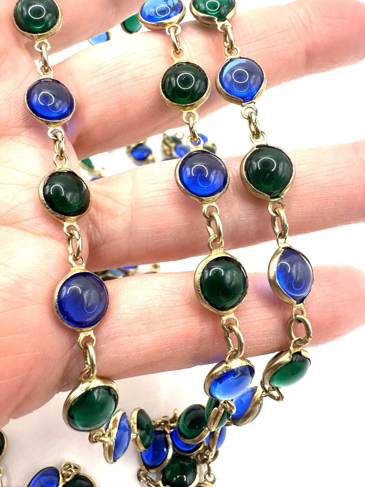 VTG Poured Glass Bezel Set Link Necklace 54”