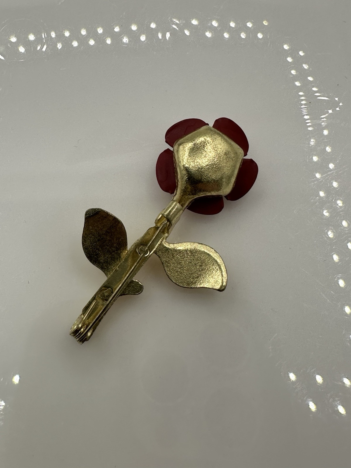 Small Vintage Brooch Red Rose Shaped Gold Tone Plated
