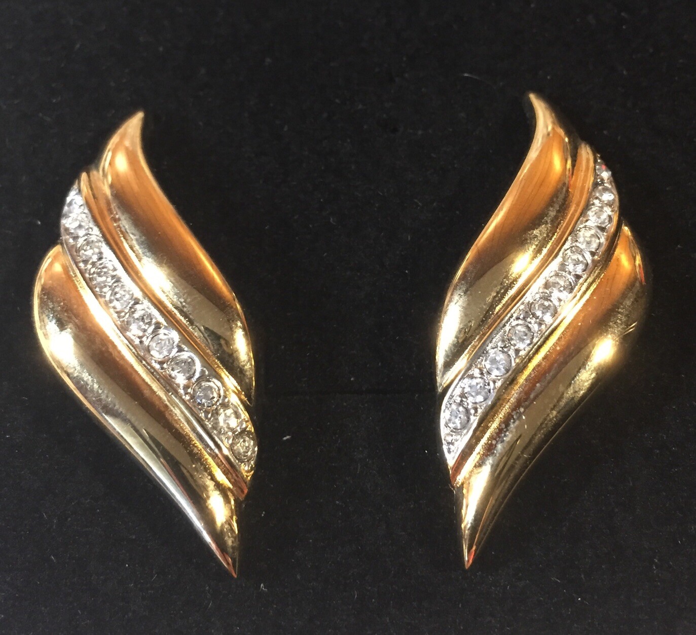 Vintage 1980s Pave Rhinestone Gold Plated Clip On Earrings