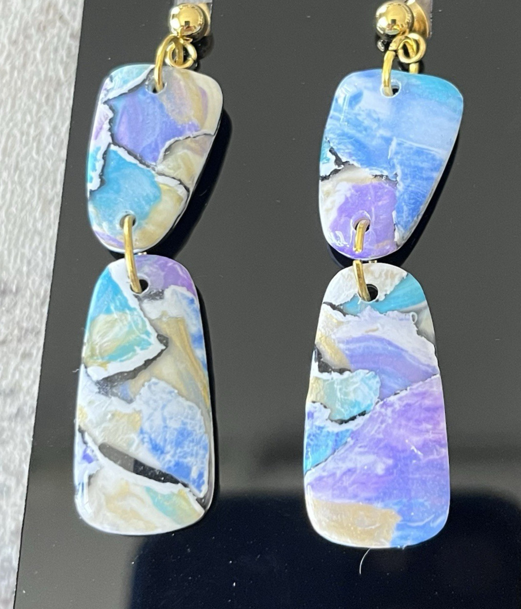 Rectangle Dangle Pierced Earrings Blue, Purple, White Swirl Glam MCM Gold Tone