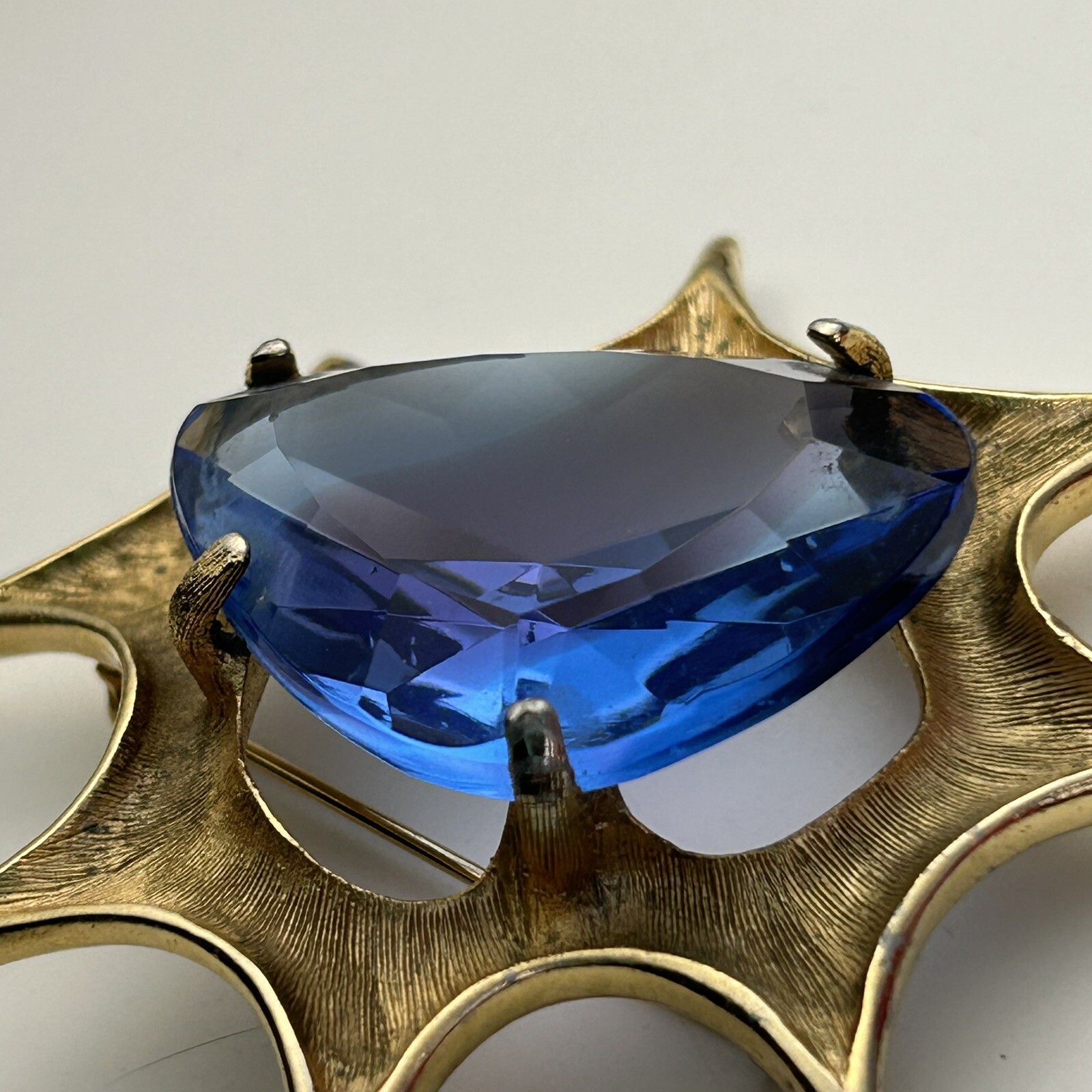 Atomic Blast Brooch Pin Signed BSK Gold Tone Blue Stone Starburst Vintage MCM