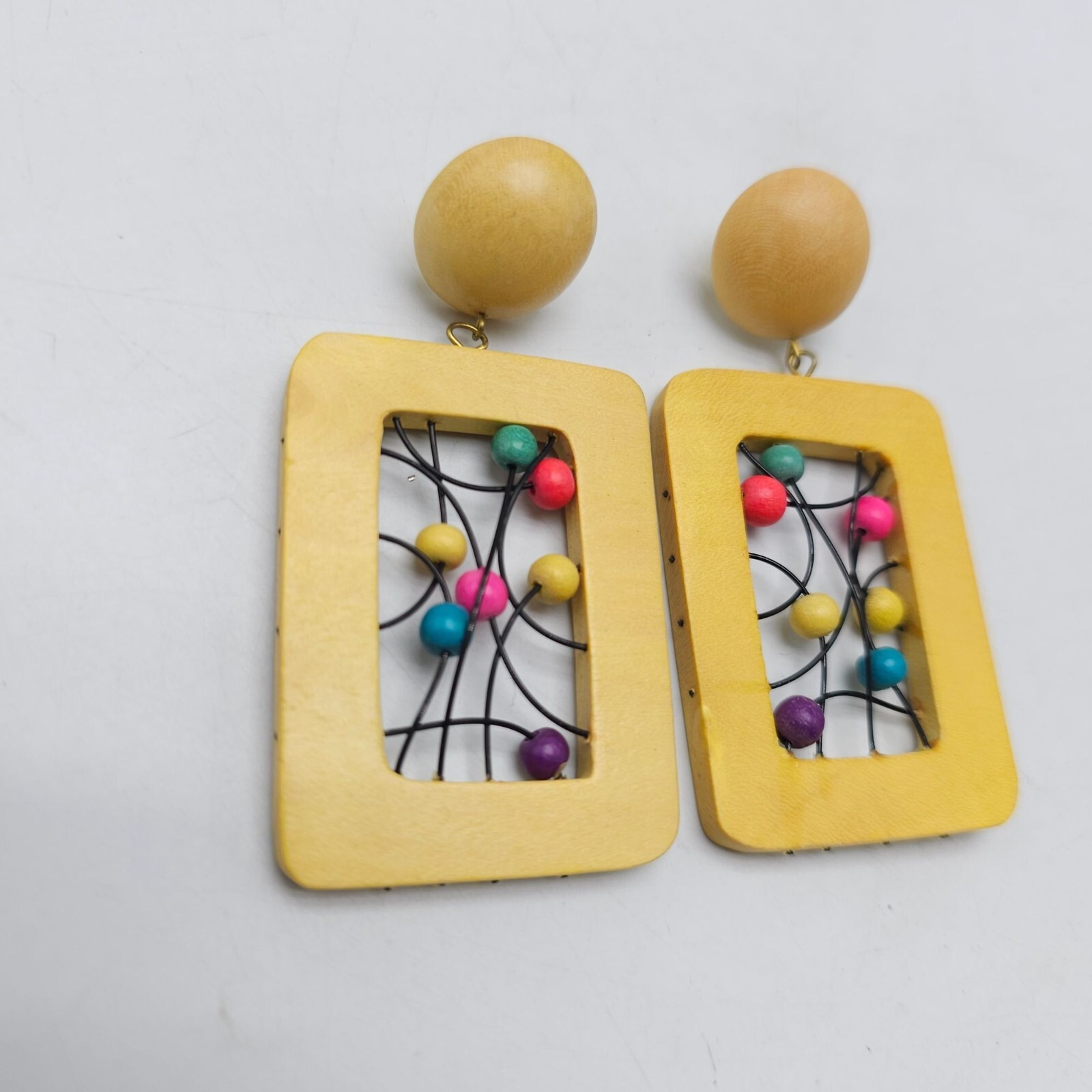 Vintage 1980s Yellow Wooden Rectangle Earrings With Colorful Bead Accents
