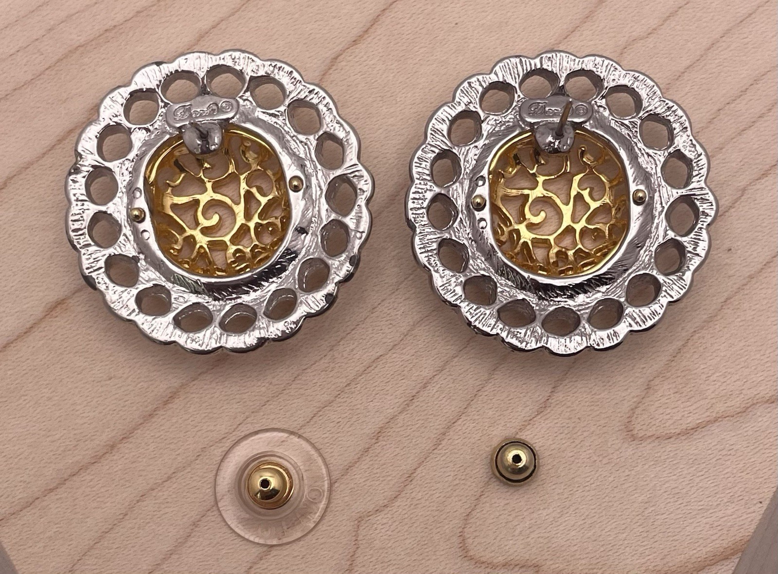 Vintage Daria Signed Gold Tone and Silver Tone Scroll Earrings Pierced