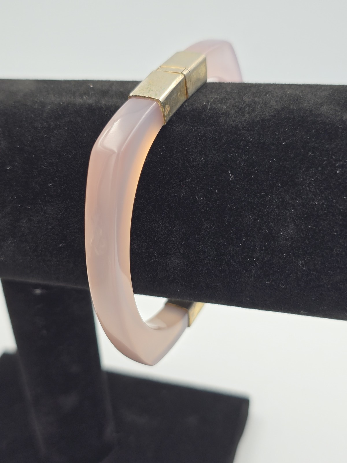 Vintage Rose Quartz Square Bangle Bracelet Gold Tone Hinged Closure Estate Find