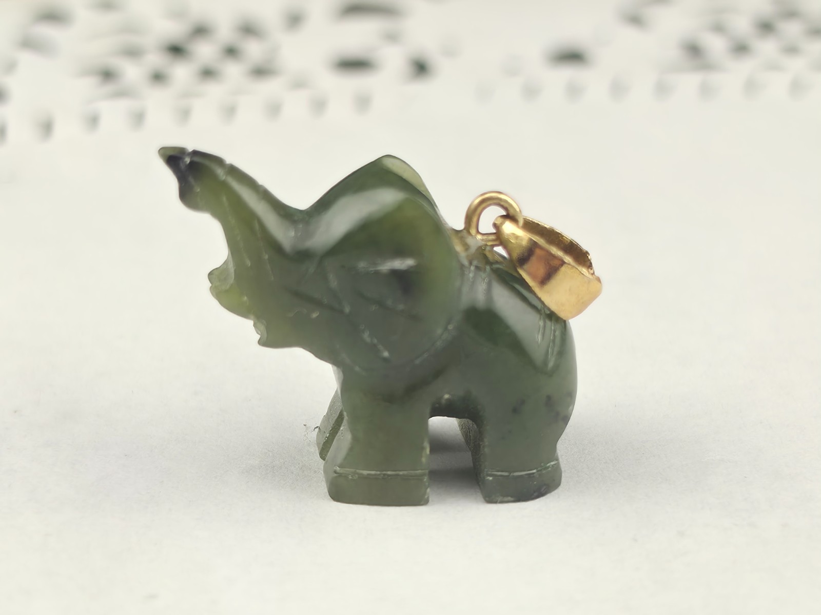 Vintage 28mm Dark Green Nephrite Jade Lucky Elephant Trunk Up Pendant Gold Fill