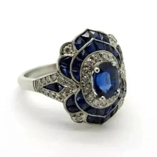 Art Deco Style Oval Cut Sapphire Lab Created Diamond Engagement 925 Silver Ring