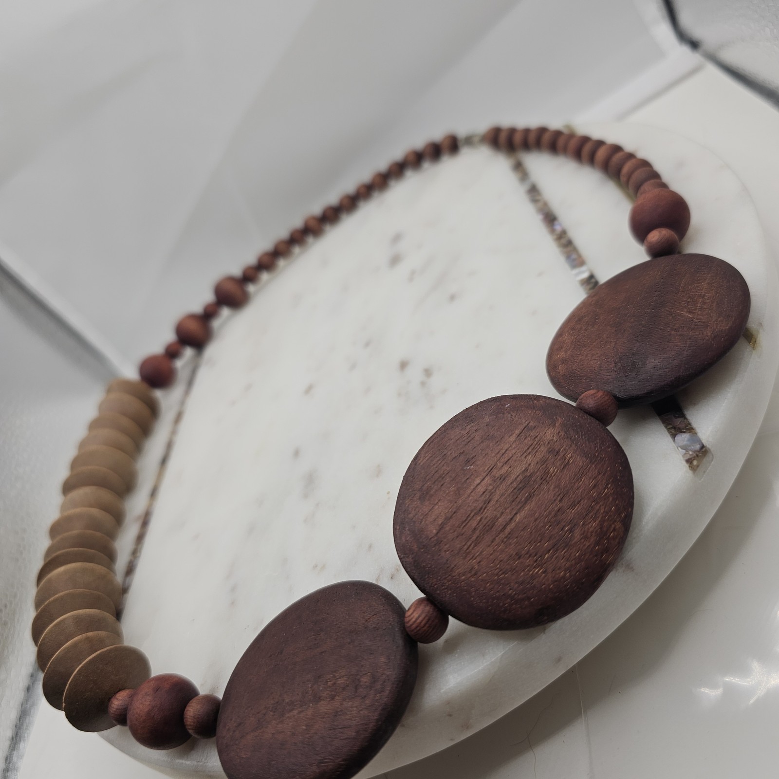 VTG Chunky Wood Bead Necklace Statement Large Brown Natural Geometric Boho 25 in
