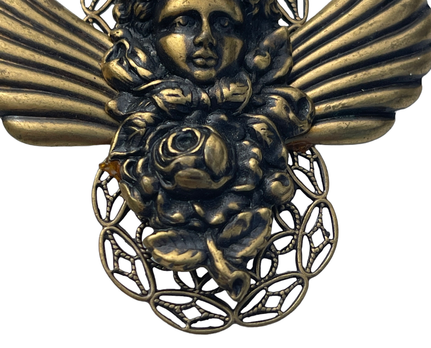 VTG Christmas Angel Brooch Rose Filigree Wings Cabochon Antique Gold Tone Pin