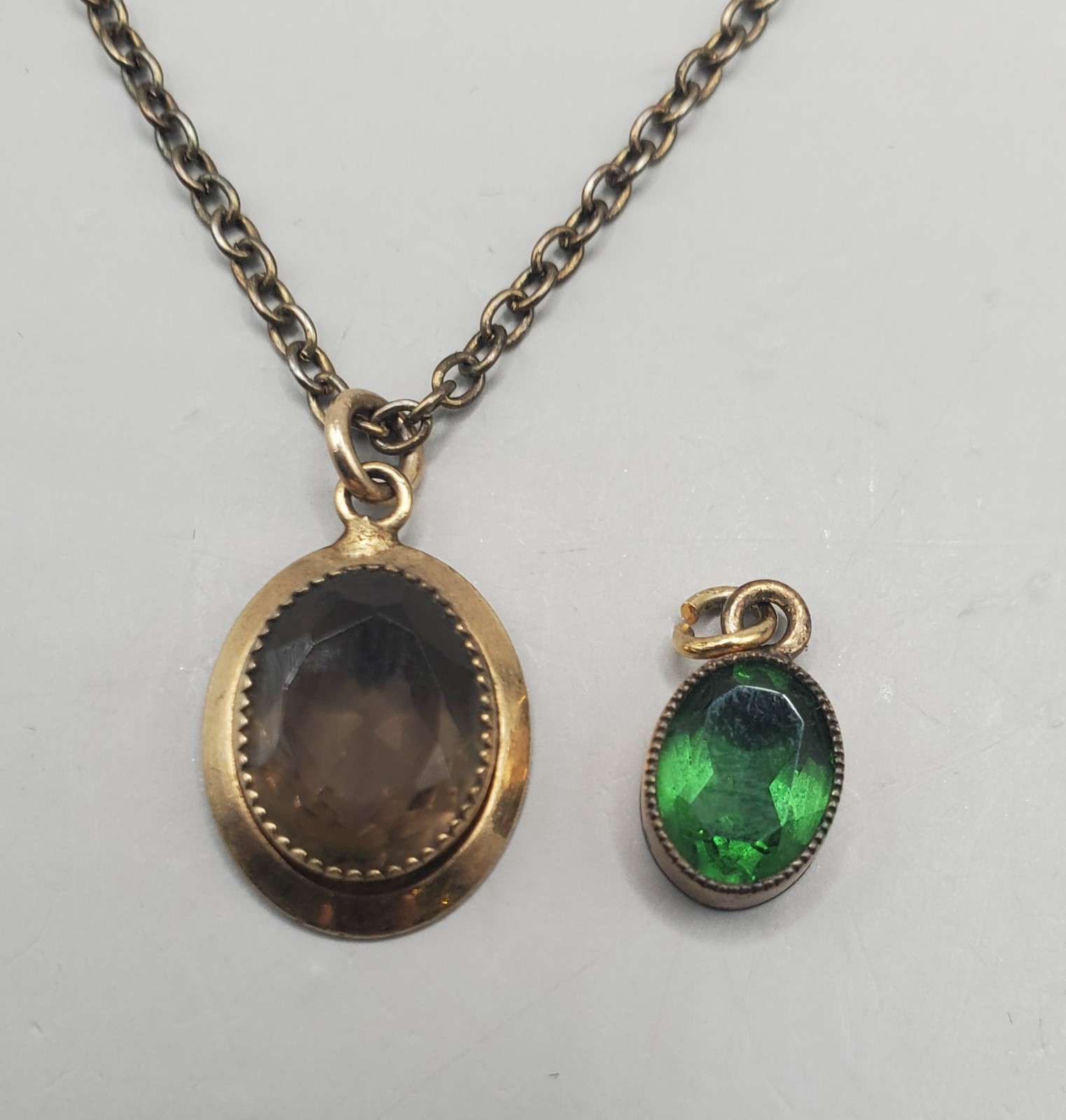 Vtg Estate Pendants: Smokey Quartz TESTED Gemstone W/Chain, Small Green Glass