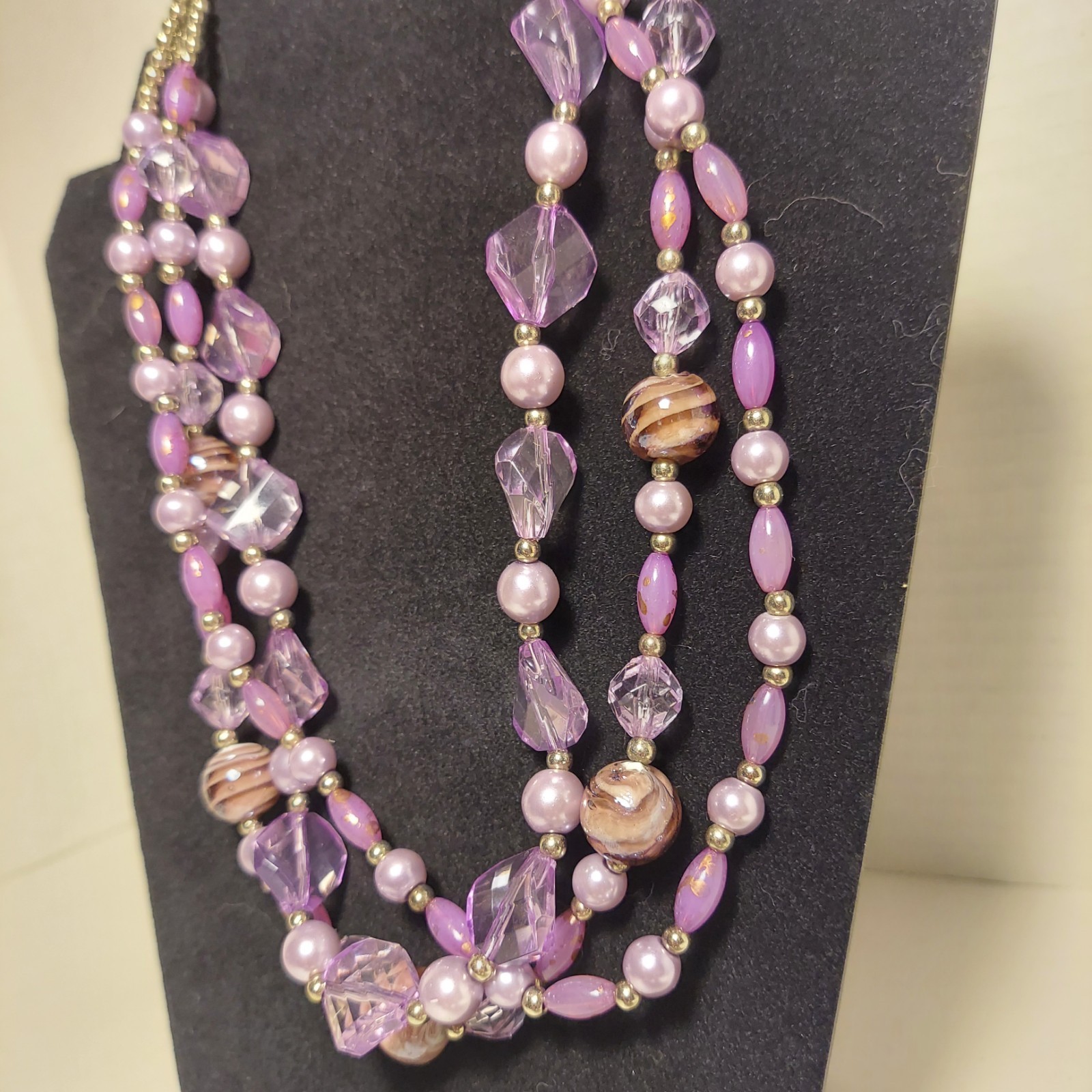 VTG Lavender Purple Crystal Faux Pearl Bead Necklace 15” Long 3 Strand
