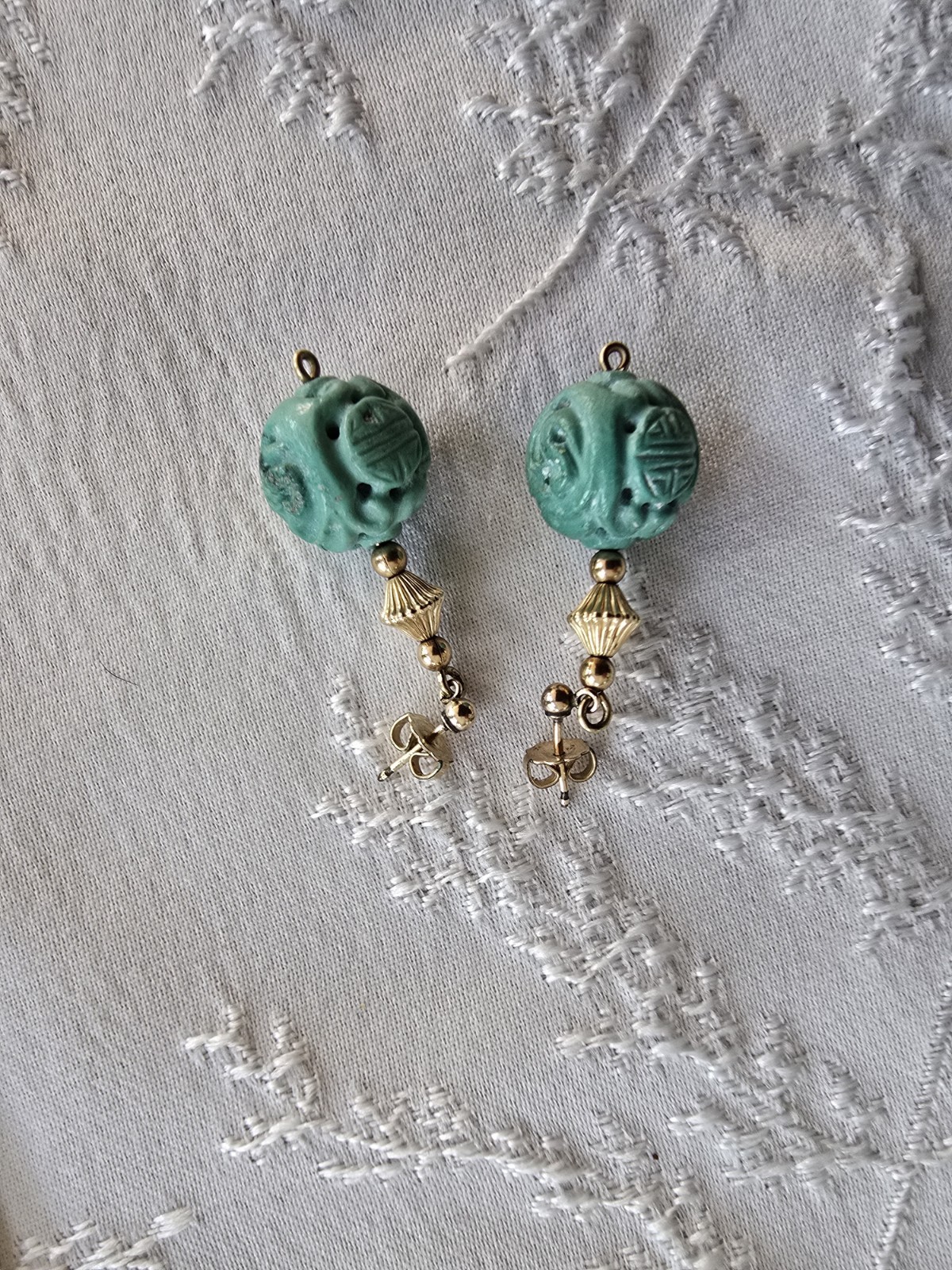 Chinese Turquoise Shou Carved Bead Earrings & Necklace 21” Gold Plated Clasp
