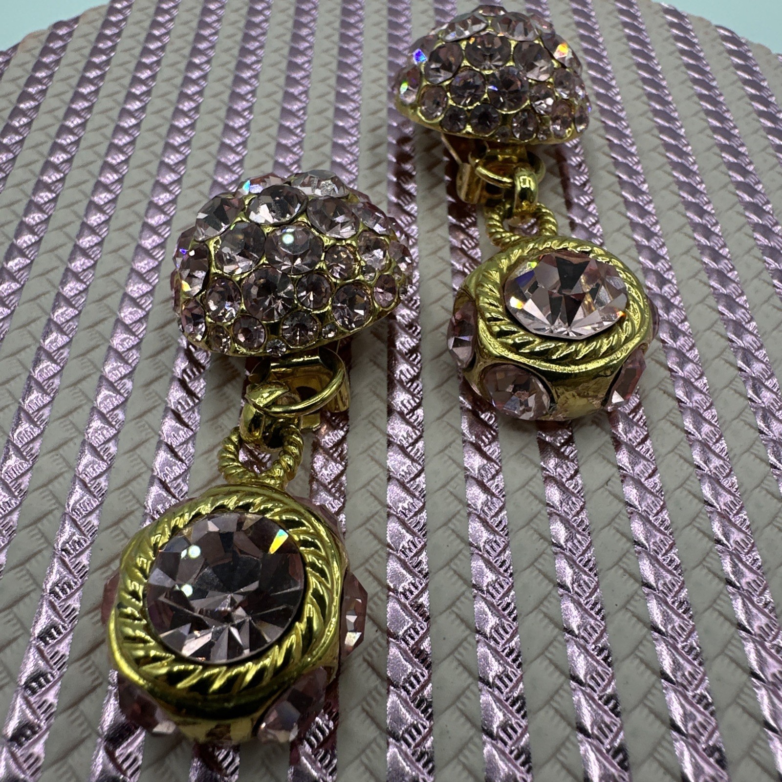 Vintage Sparkling BLANCA Clip on Pink Rhinstones Dangle Earrings. See pics.
