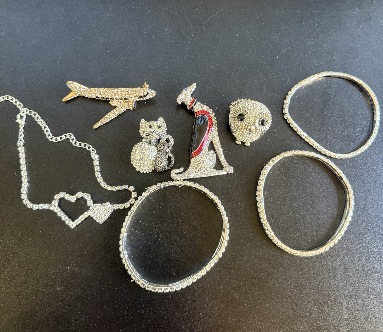 Rhinestone Jewelry Lot – 4 Bracelets, 3 Brooches & 1 Ring, All Crystals Intact