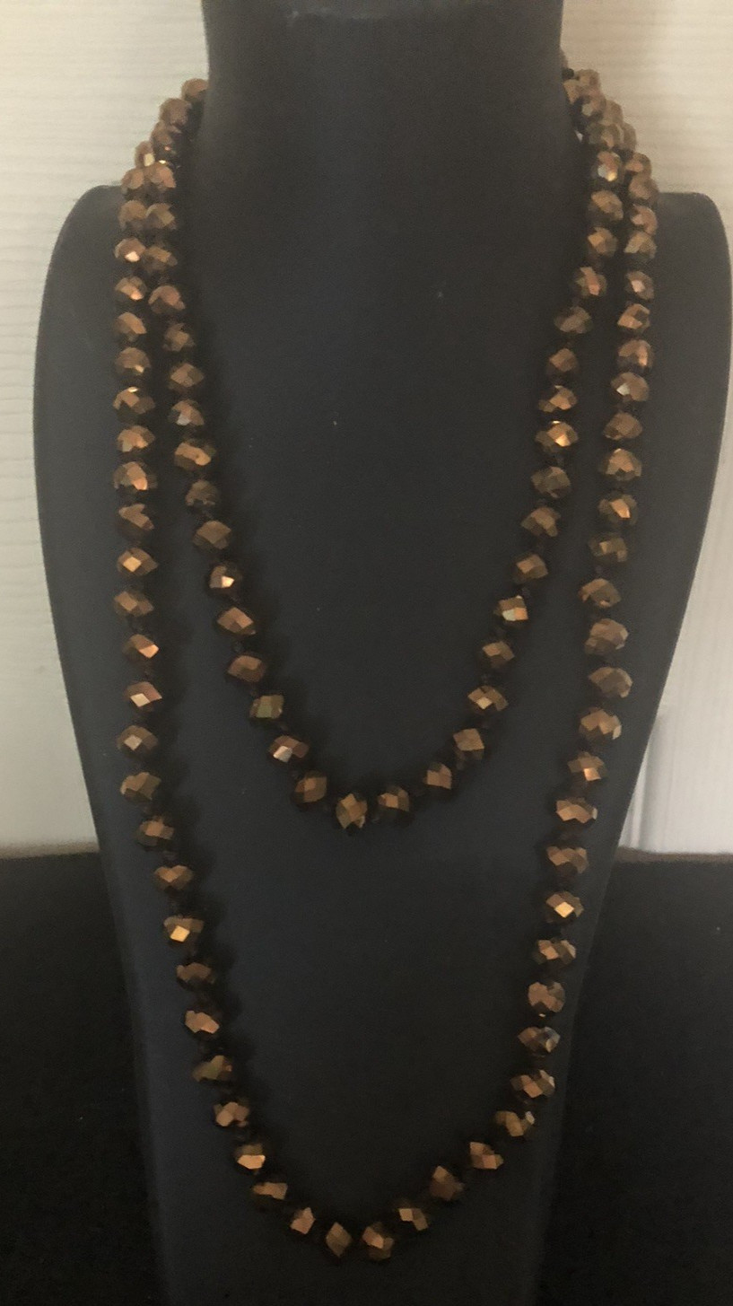 VTG. BRONZE COLOR FACETED GLASS BEAD NECKLACE 36″