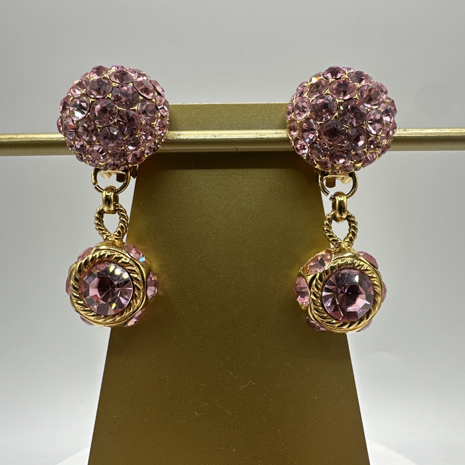 Vintage Sparkling BLANCA Clip on Pink Rhinstones Dangle Earrings. See pics.