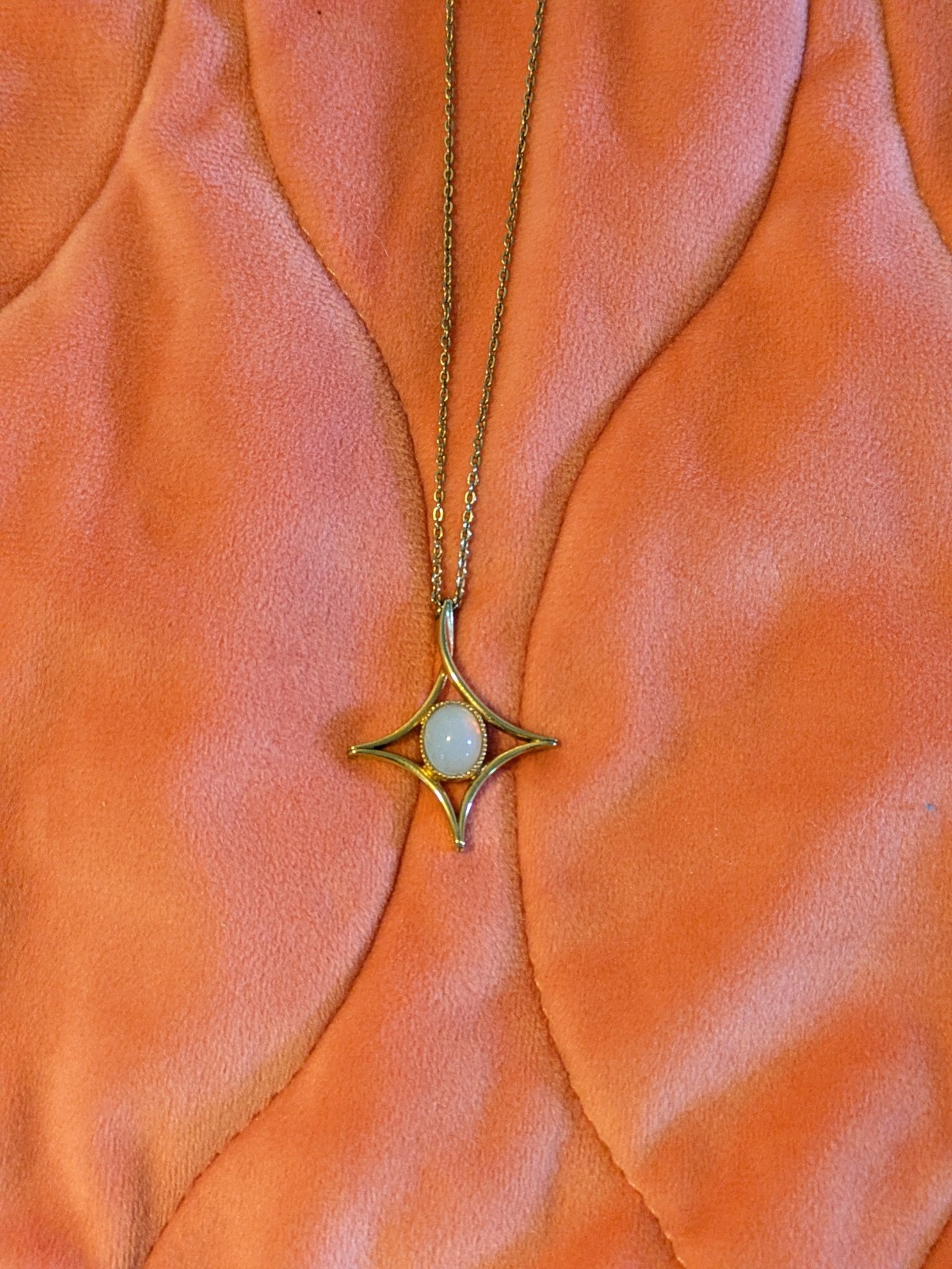 Vintage Sarah Coventry Moon Beam Star Cross Gold-tone Necklace Faux Opal Pendant