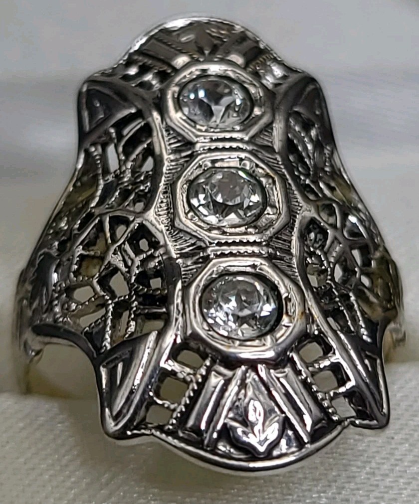 Vintage 14KT GE Art Deco Filigree Glass Stone Ring Size 6.5