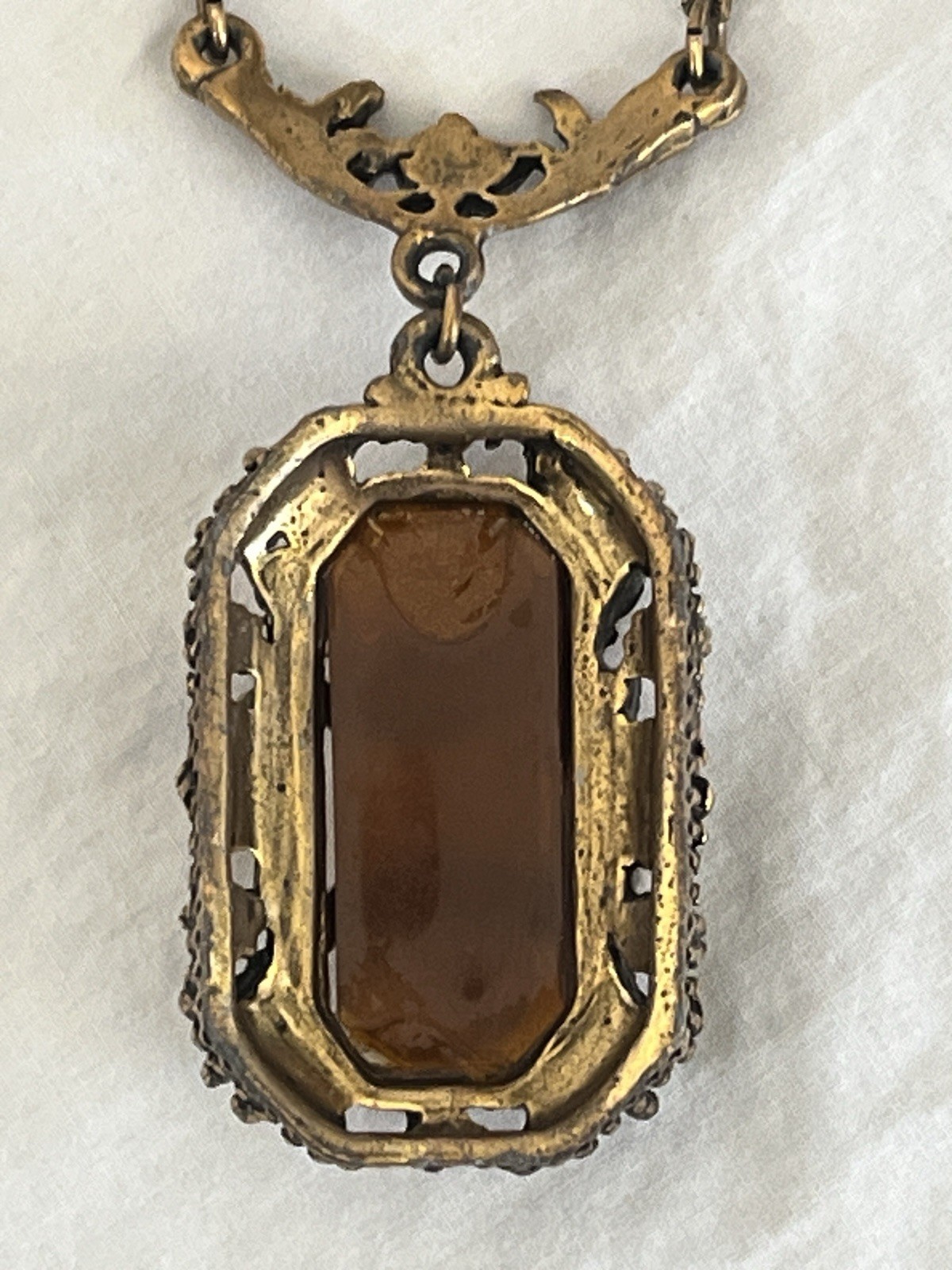 Vintage Amber Necklace with Filigree Detail Victorian Art Nouveau Czech Style