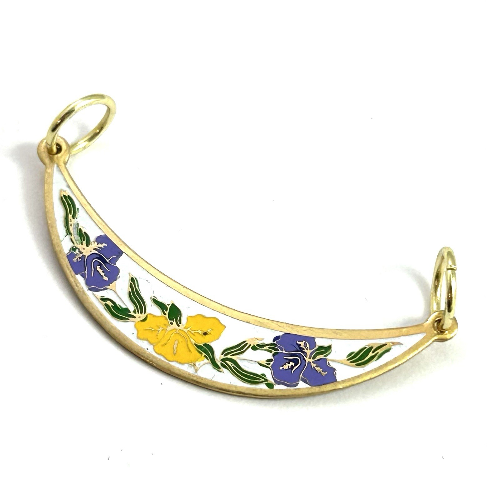 Vintage Pendant Enamel Flower Crescent Moon Jewelry Gold Plated Double Loop